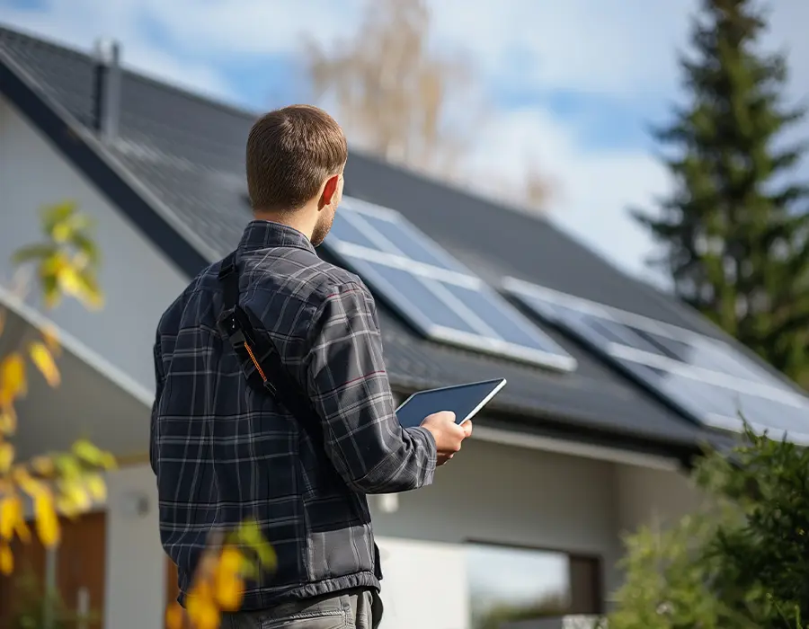Un homme regarde une maison ayant des panneaux solaires sur son toit